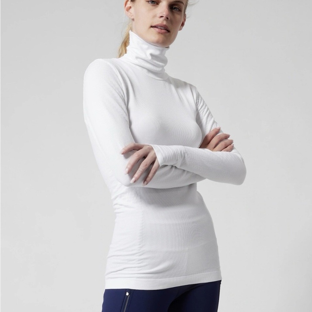 Athleta White Ribbed Turtleneck Running Top
